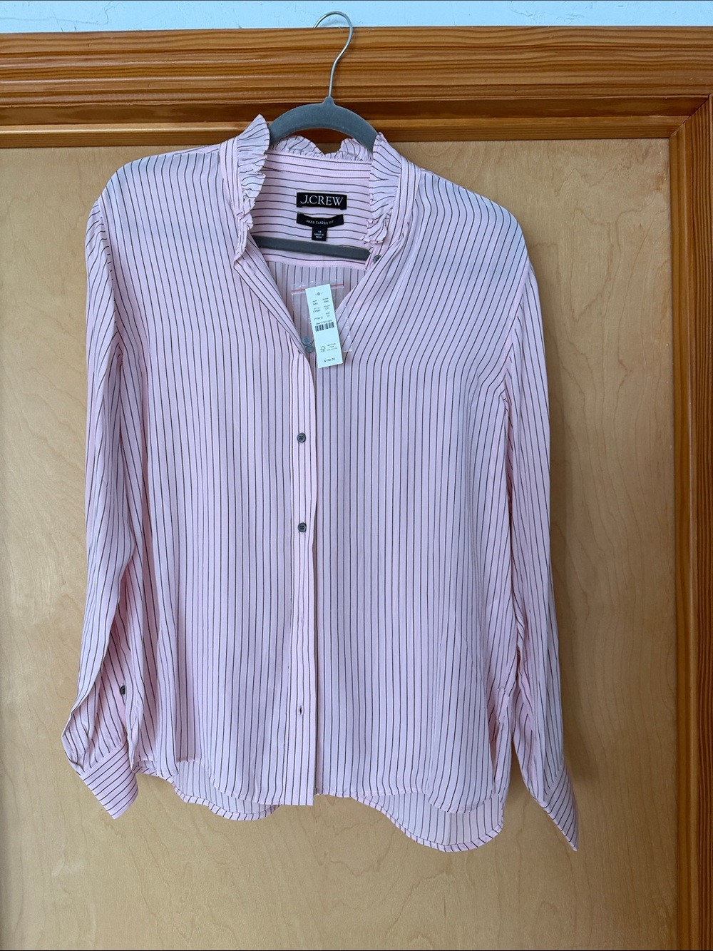 J. Crew Silk Pink and White Striped Ruffle-Collar Dress Shirt